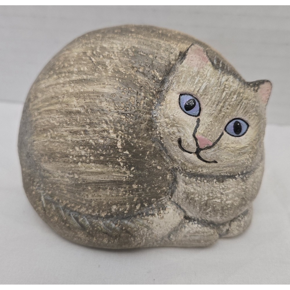 Vintage Ganz Resin Cat Figurine - Curled Up Tiger Striped Kitty, Rock Like Stone